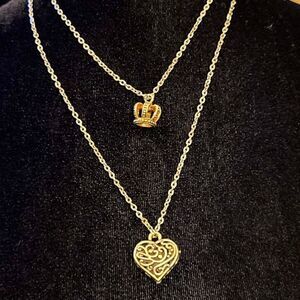 Double Necklace Two-Strand Crown‎ and Heart Silver 23 Inches
